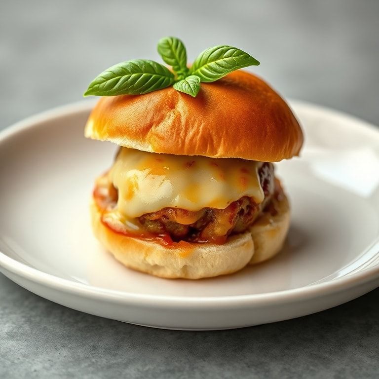 One plated meatball parmesan slider garnished with fresh basil on a white ceramic plate with warm side lighting highlighting melty cheese textures.