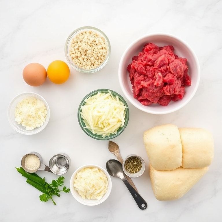 Raw ingredients for meatball parmesan sliders including ground beef, eggs, Italian breadcrumbs, mozzarella cheese, parmesan cheese, and slider buns arranged on light wood surface.