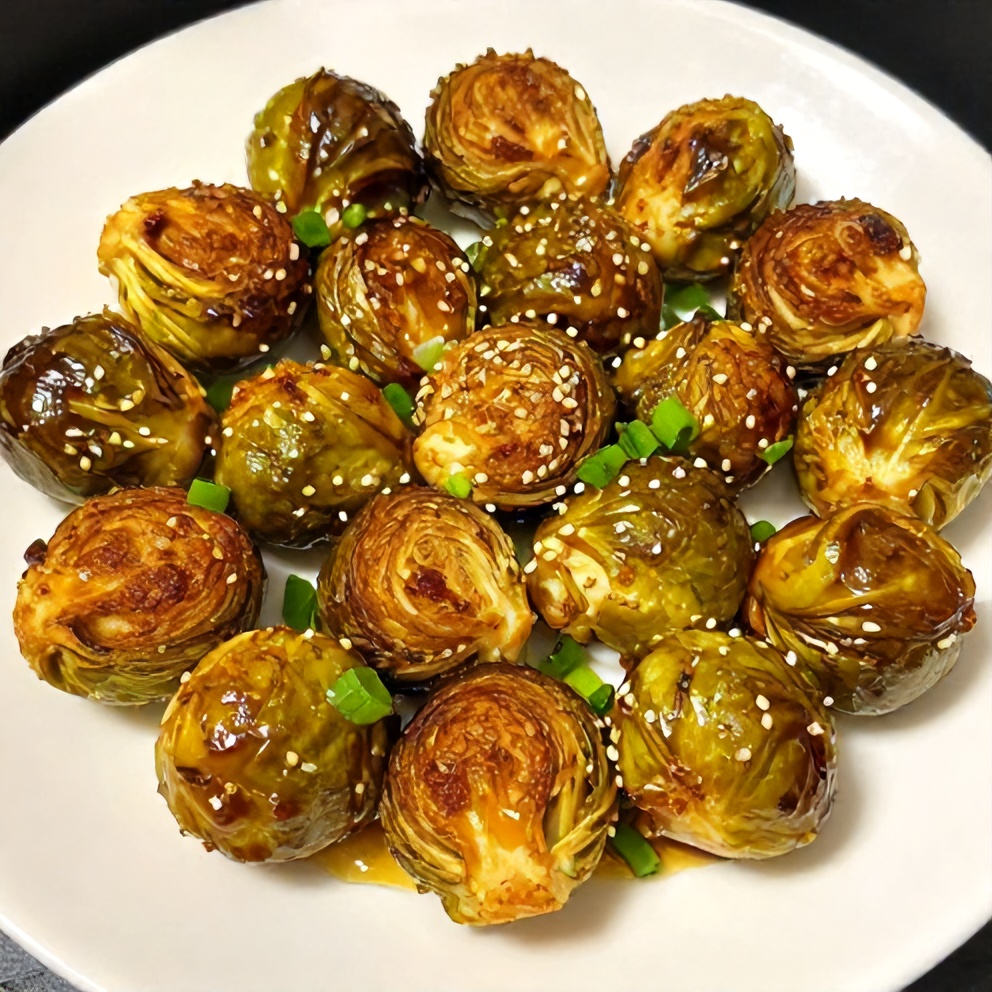 Plated Air Fryer Brussels Sprouts with Honey