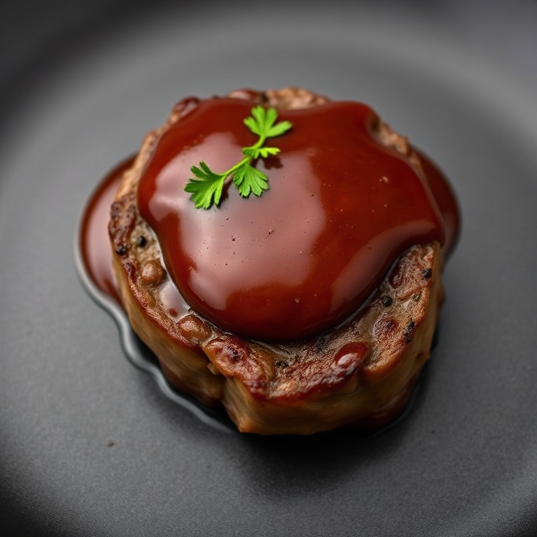 A single serving of steak with steak sauce. The sauce is layered on top. A fresh herb garnish is visible. The plate is dark with a subtle texture.