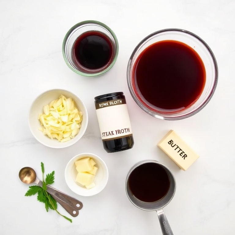 Raw ingredients for the steak sauce arranged in a flat lay. Beef broth, red wine, shallots, garlic, and butter are visible. Measuring spoons and bowls are nearby on a white surface.