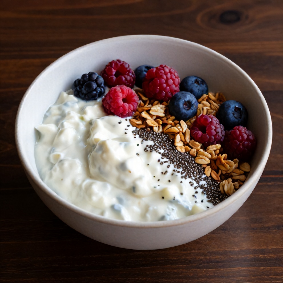 Plated berry cottage cheese bowl with fresh berries and granola