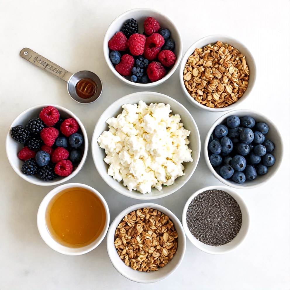 Raw ingredients for berry cottage cheese bowl: cottage cheese, mixed berries, honey, granola, and chia seeds