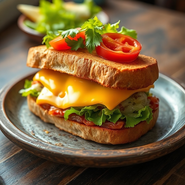 Cuban Chopped Grinder sandwich with melted cheese and fresh toppings on a rustic plate