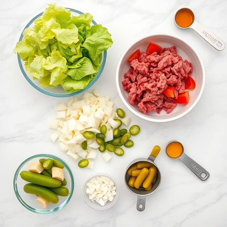 Raw ingredients for Cuban Chopped Grinder: ground beef, bread, cheese, lettuce, tomatoes, onions, and pickles