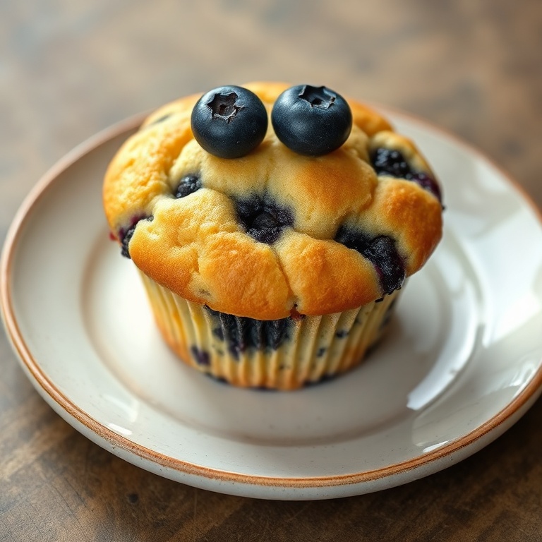 One blueberry cream cheese muffin garnished with fresh blueberries on a ceramic plate close up