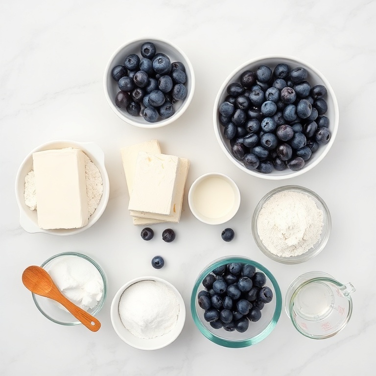 Overhead view of raw ingredients for blueberry cream cheese muffins including fresh blueberries, cream cheese, flour, sugar, eggs on white marble surface