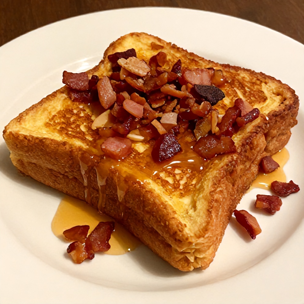 Perfectly plated Bourbon Maple Bacon Stuffed French Toast with a drizzle of maple syrup and a sprinkle of bacon bits