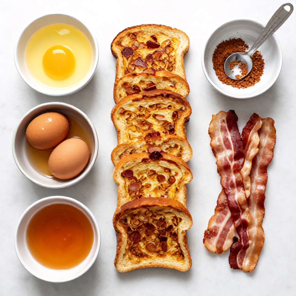 Raw ingredients for Bourbon Maple Bacon Stuffed French Toast arranged in a flat lay