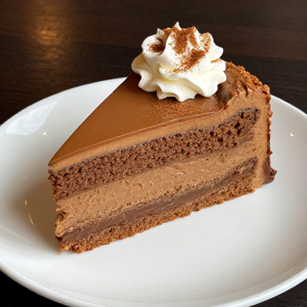 A beautifully plated slice of brown sugar chai cake with a dollop of whipped cream and a sprinkle of cinnamon