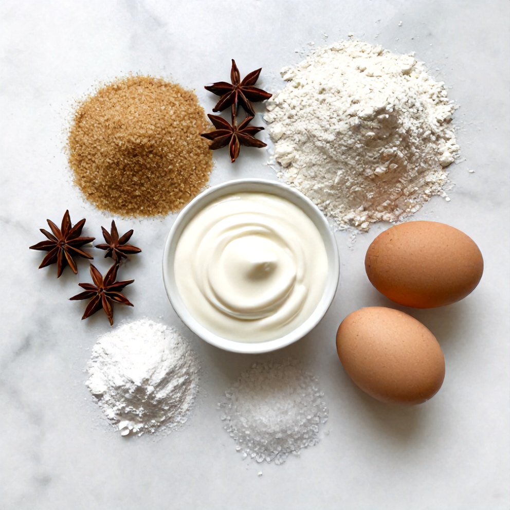 A flat lay of ingredients including brown sugar, chai spices, flour, and eggs, arranged on a wooden surface