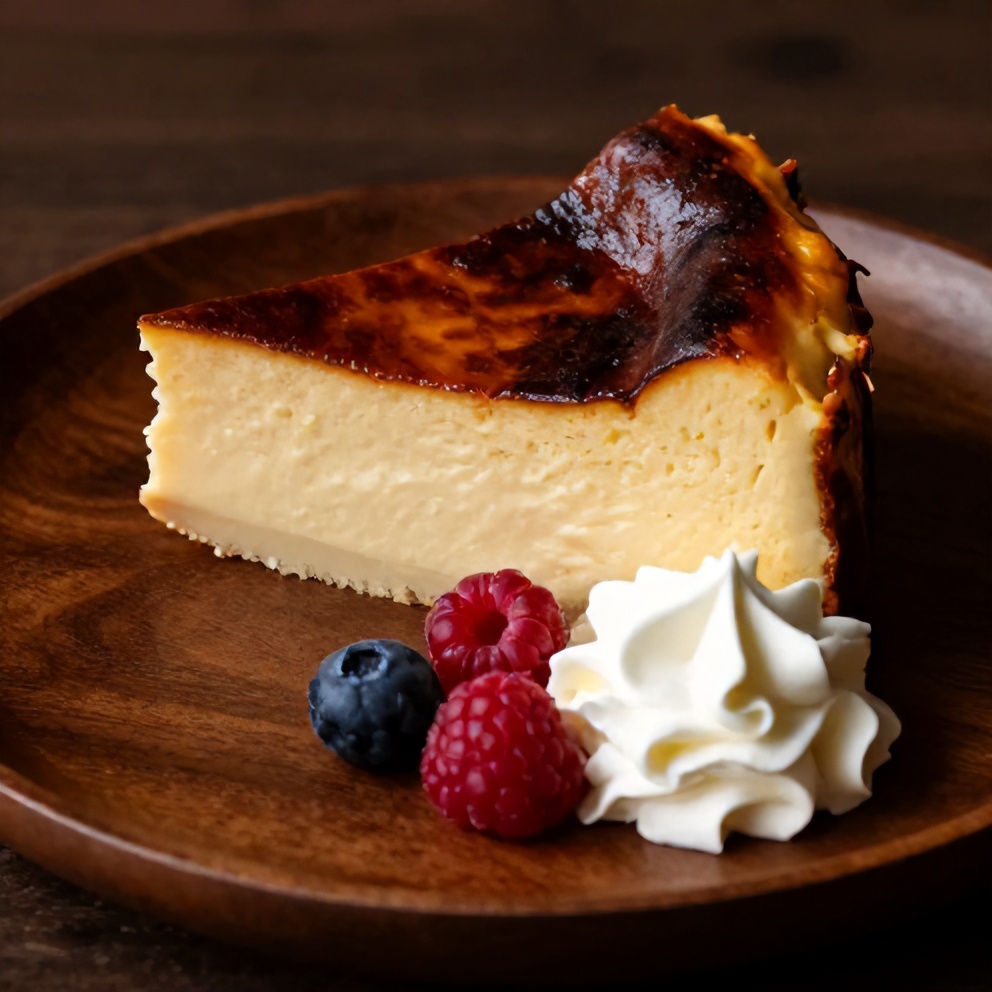 Sliced burnt basque cheesecake on a plate with a spoon