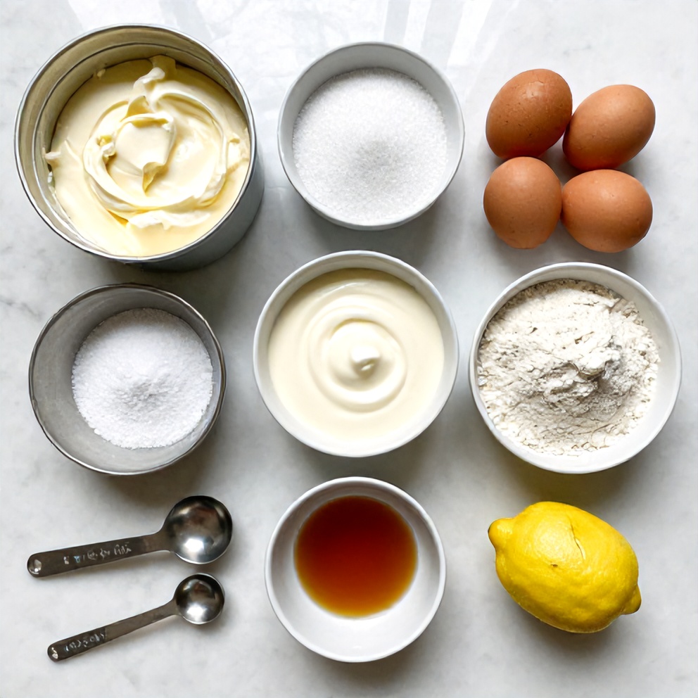 Raw ingredients for burnt basque cheesecake: cream cheese, sugar, eggs, heavy cream, flour, salt