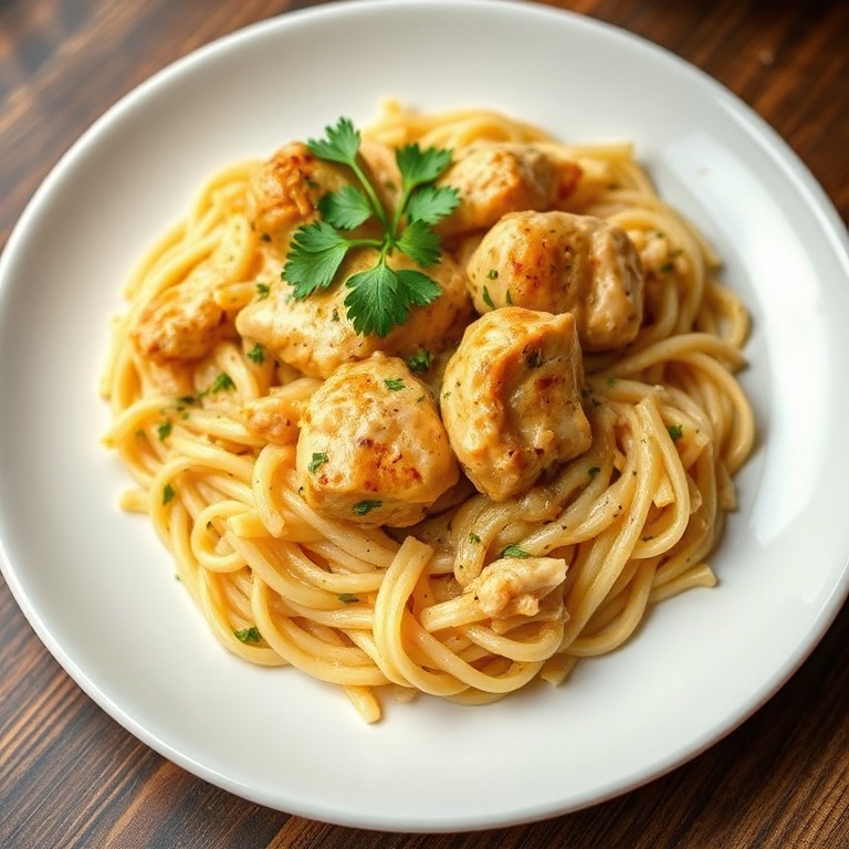 One perfect plated serving of Cajun Chicken Alfredo Orzo Skillet. Garnished with fresh parsley. Close crop, food fills 90% of frame. White ceramic plate. Warm side lighting highlighting texture. Photorealistic food photography. No text. No watermark.