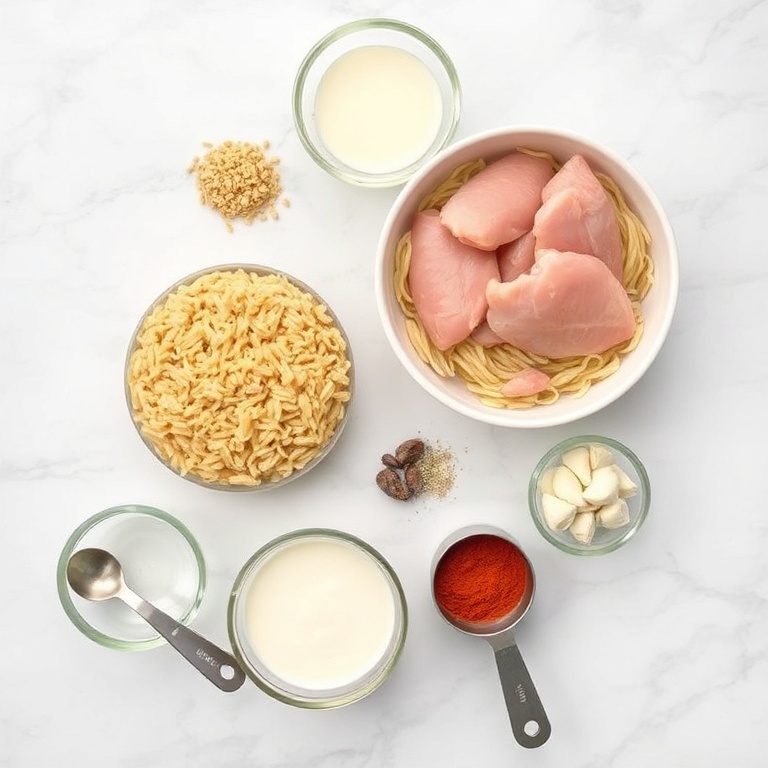 Overhead flat lay of raw ingredients for Cajun Chicken Alfredo Orzo Skillet. Chicken, orzo, heavy cream, garlic, and paprika. Prep bowls, measuring spoons, and measuring cups visible. White marble surface. Bright even light. Photorealistic overhead food photography. No text. No watermark.