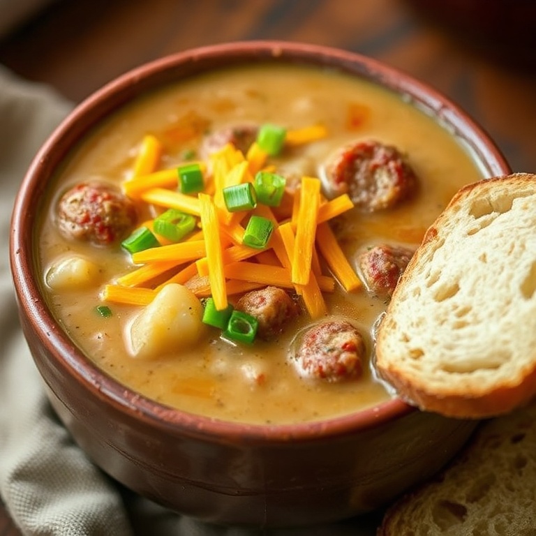 Cajun Potato Soup with Sausage in a deep bowl. Topped with cheddar cheese and green onions. A slice of crusty bread on the side. Warm lighting highlights the texture.