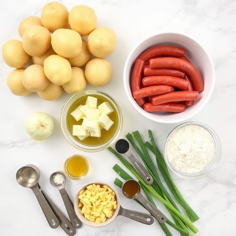Raw ingredients for Cajun Potato Soup with Sausage. Potatoes, andouille sausage, onion, garlic, flour, broth, cheddar cheese, and green onions. Measuring spoons and bowls on a white marble surface.