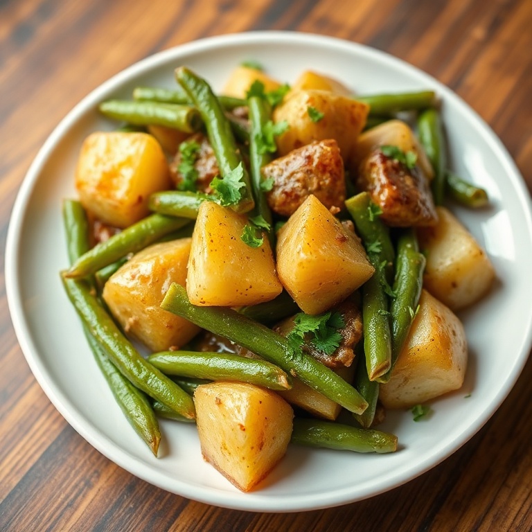 Close-up of a plated serving of Cajun smothered green beans and potatoes garnished with fresh parsley on a white ceramic plate