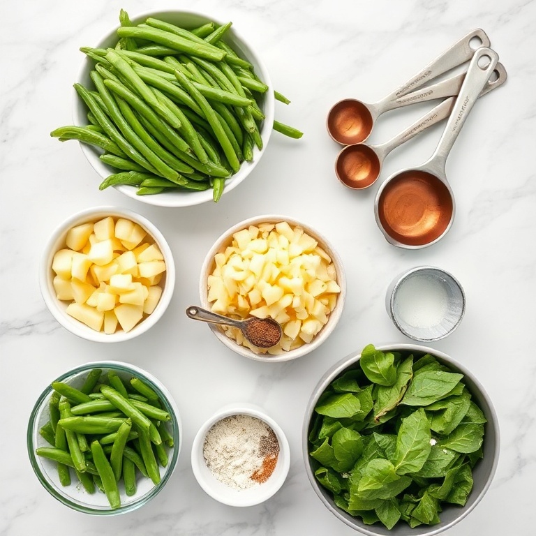 Overhead flat lay of fresh green beans, diced potatoes, onions, garlic, and Cajun seasoning with small bowls and measuring spoons on white marble surface
