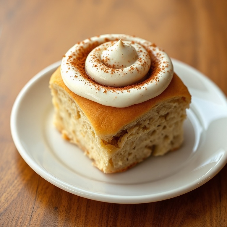 Single plated chai spiced cinnamon roll topped with creamy frosting garnished with cinnamon dusting