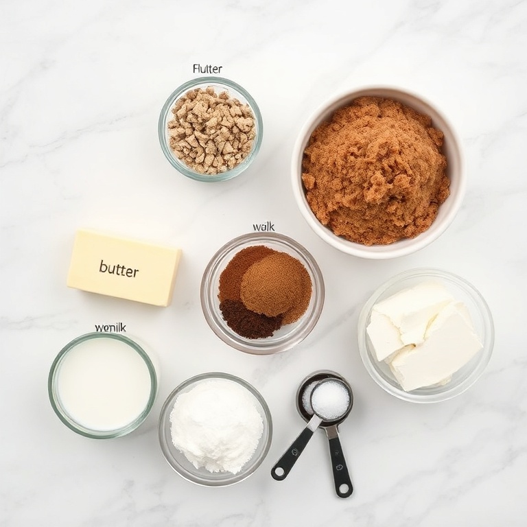 Raw ingredients for chai spiced cinnamon rolls including flour sugar chai spices cinnamon butter eggs and cream cheese