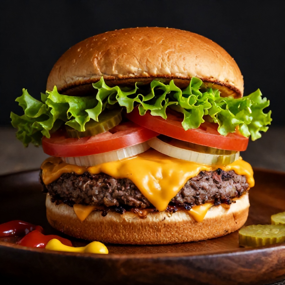 Plated Cheddar Jalapeño Burger with lettuce and tomato