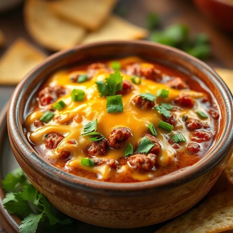 Plated cheesy chili dip garnished with chopped cilantro served in a rustic bowl with a side of tortilla chips close up