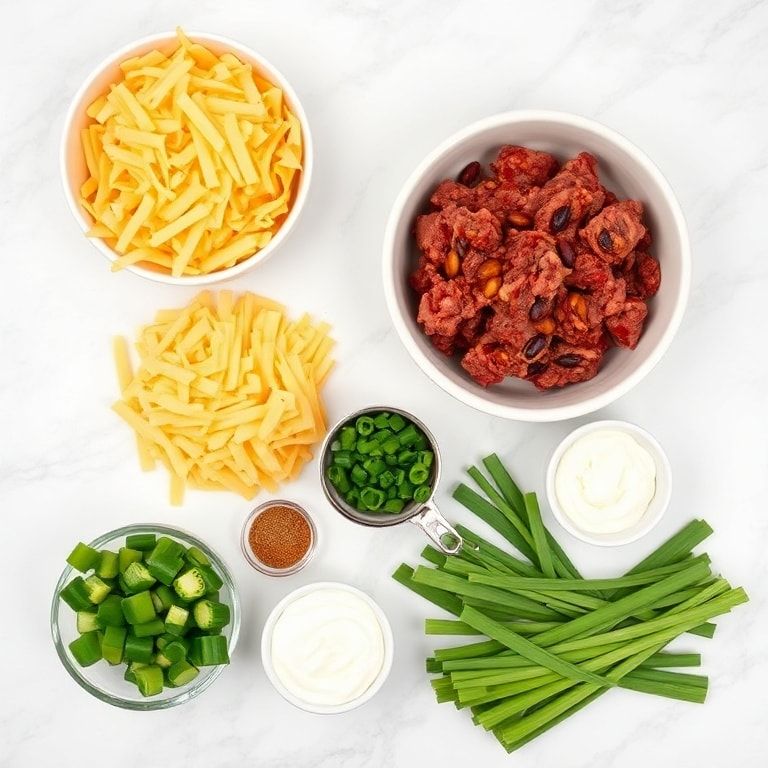 Overhead flat lay of raw ingredients for cheesy chili dip including cheddar cheese, ground beef, canned chili, green onions, and jalapenos with measuring spoons on marble surface