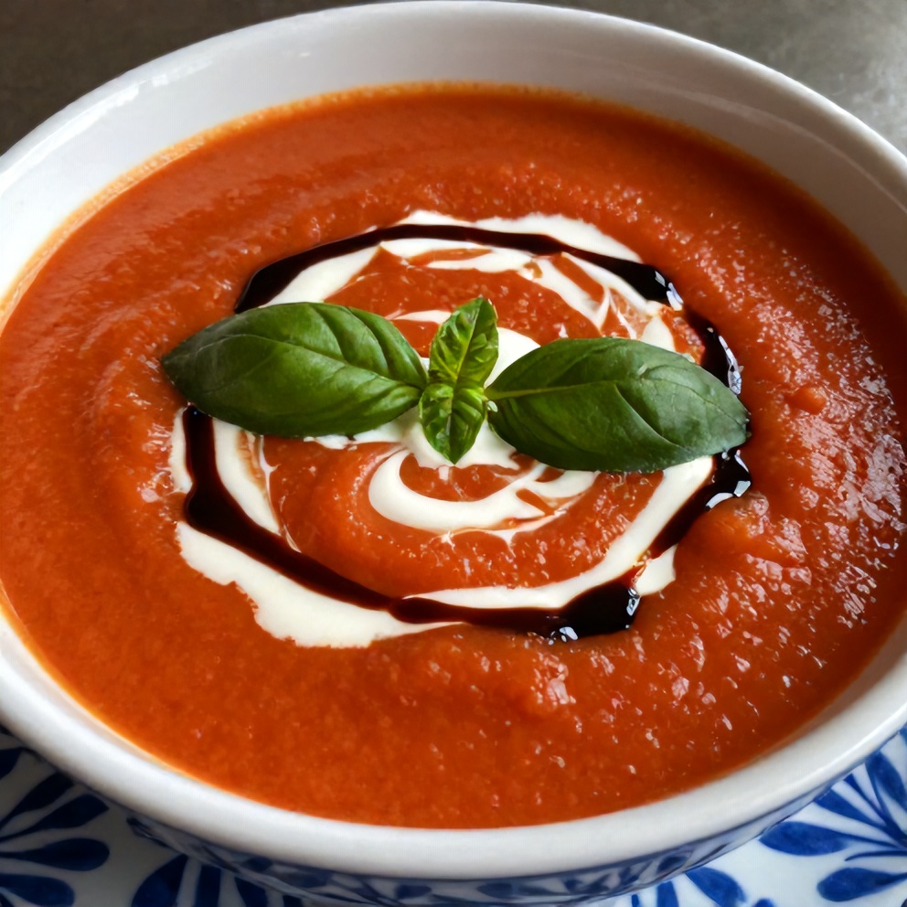 Bowl of Chilled Roasted Tomato Basil Soup with Coconut Cream