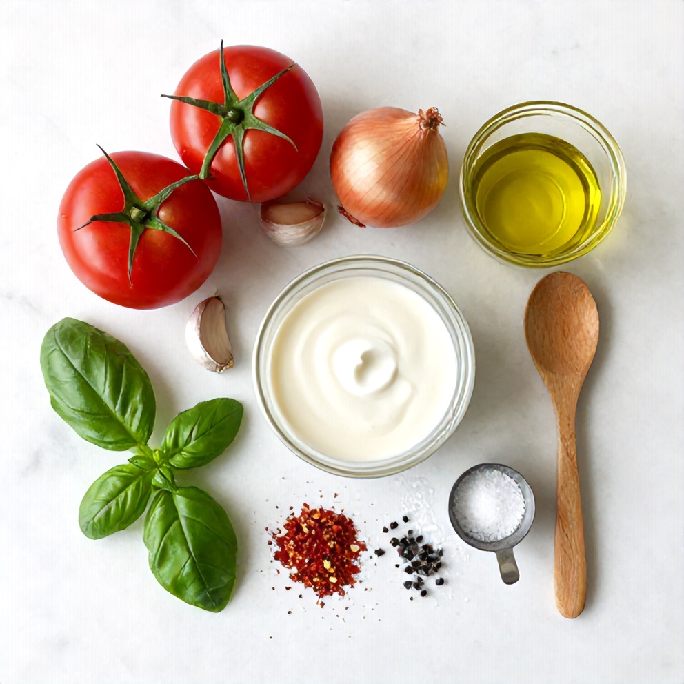 Raw ingredients for Chilled Roasted Tomato Basil Soup
