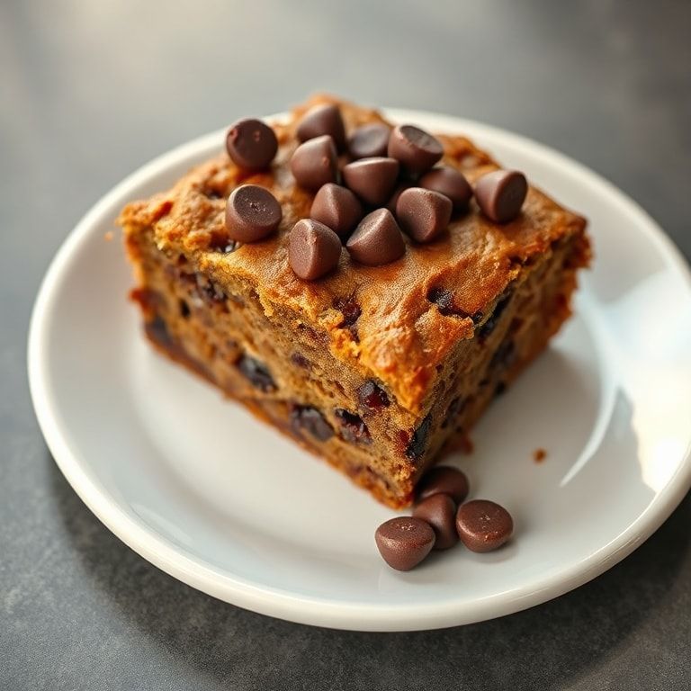 One slice of chocolate espresso banana bread garnished with melted chocolate chips on a white plate with warm side lighting