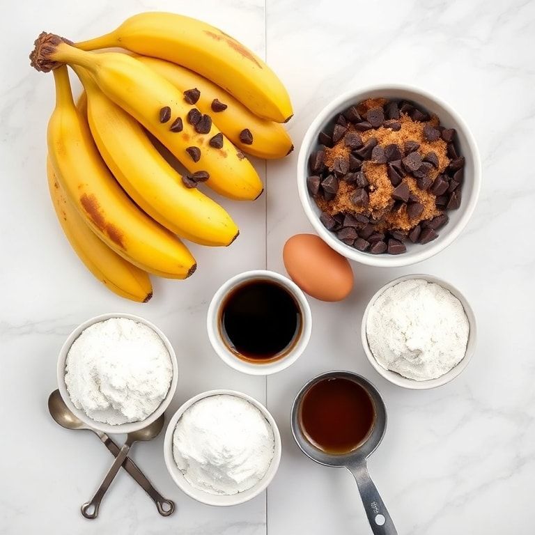Overhead flat lay of raw ingredients for chocolate espresso banana bread including ripe bananas, chocolate chips, espresso powder, eggs, and flour on a white marble surface