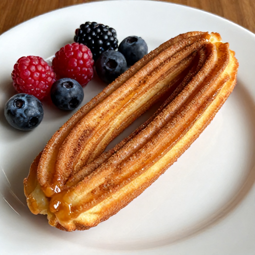 Stack of Cinnamon Sugar Churro Pancakes with a side of fresh berries