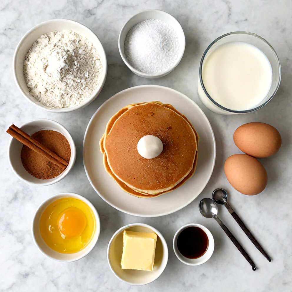 Raw ingredients for Cinnamon Sugar Churro Pancakes arranged on a marble surface