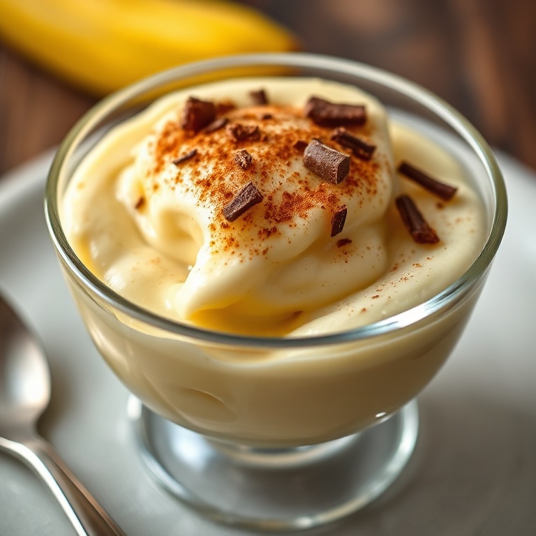 A single serving of banana pudding in a glass dish. Topped with a sprinkle of cinnamon and a few chocolate shavings for a sweet finish.