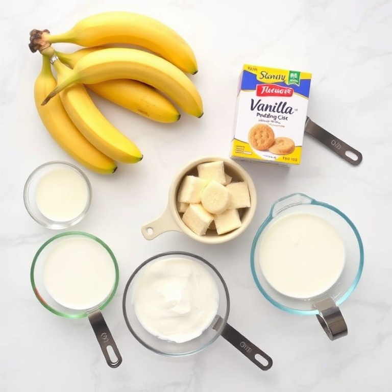 Fresh bananas, Nilla wafers, milk, vanilla pudding mix, and a scoop of ice cream. A flat lay with measuring tools and bowls for a clear view of all ingredients.