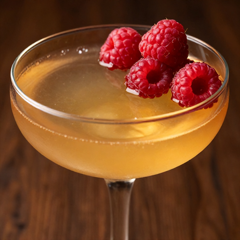 A glass of clover club cocktail with fresh raspberries on top, golden color, glossy texture, close-up of garnish