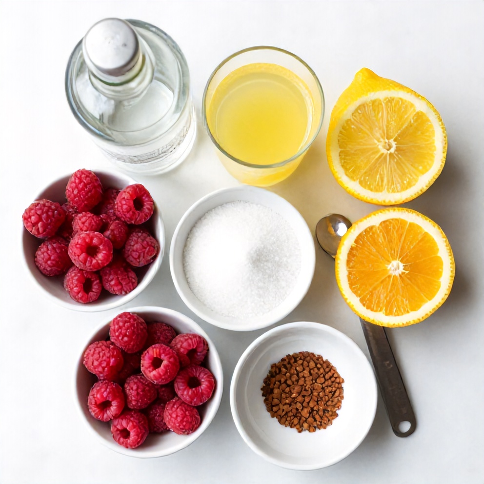 Raw ingredients for classic clover club cocktail: fresh raspberries, gin, lemon juice, sugar, orange bitters arranged in overhead flat lay