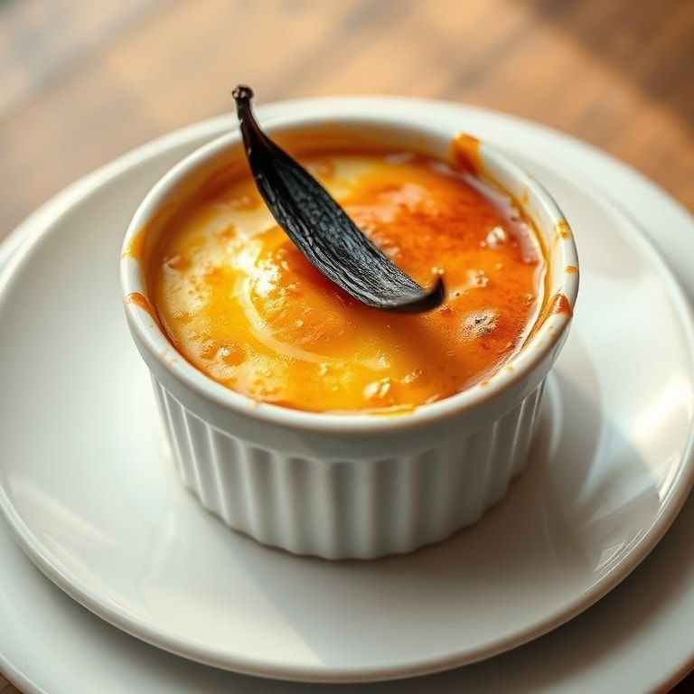Close-up of a plated crème brûlée garnished with a vanilla bean pod on a white plate