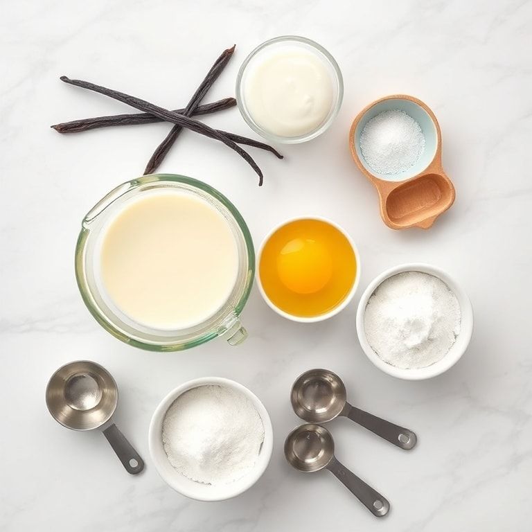 Raw ingredients for classic crème brûlée including vanilla bean, cream, egg yolks, sugar, and ramekins arranged on a white surface