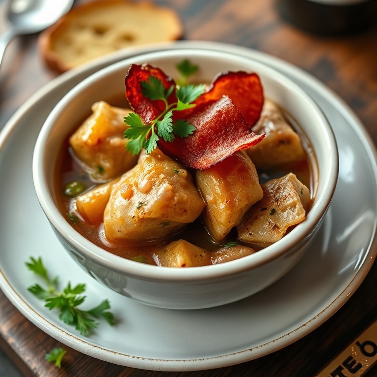 A perfectly plated bowl of classic Dublin coddle with crispy bacon and fresh parsley on top.