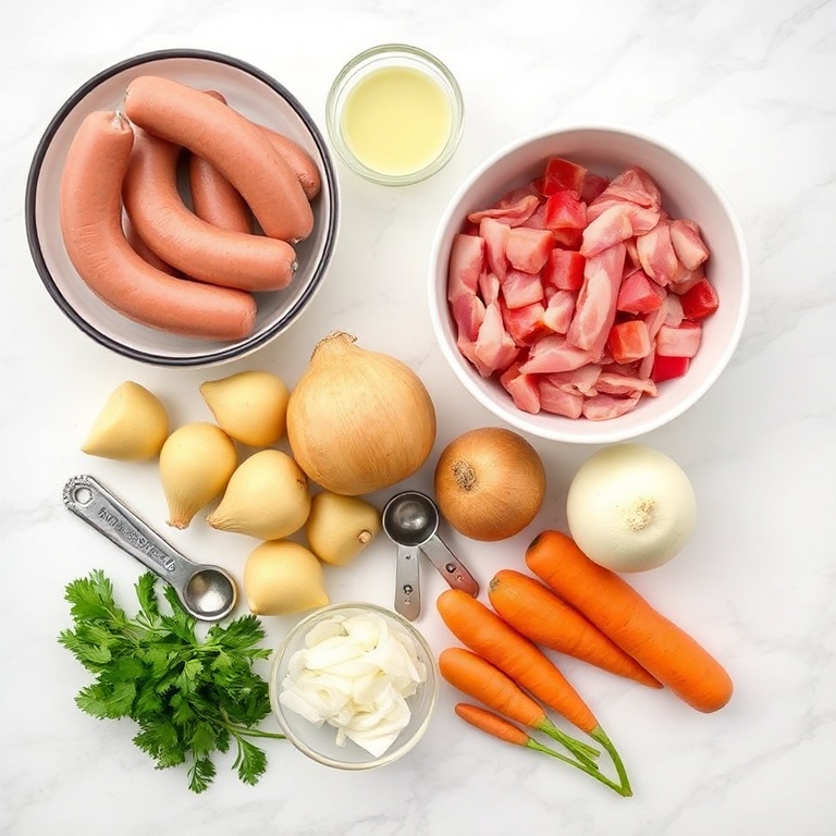 Fresh ingredients for classic Dublin coddle: sausages, bacon, potatoes, onions, and herbs arranged in a neat flat lay.
