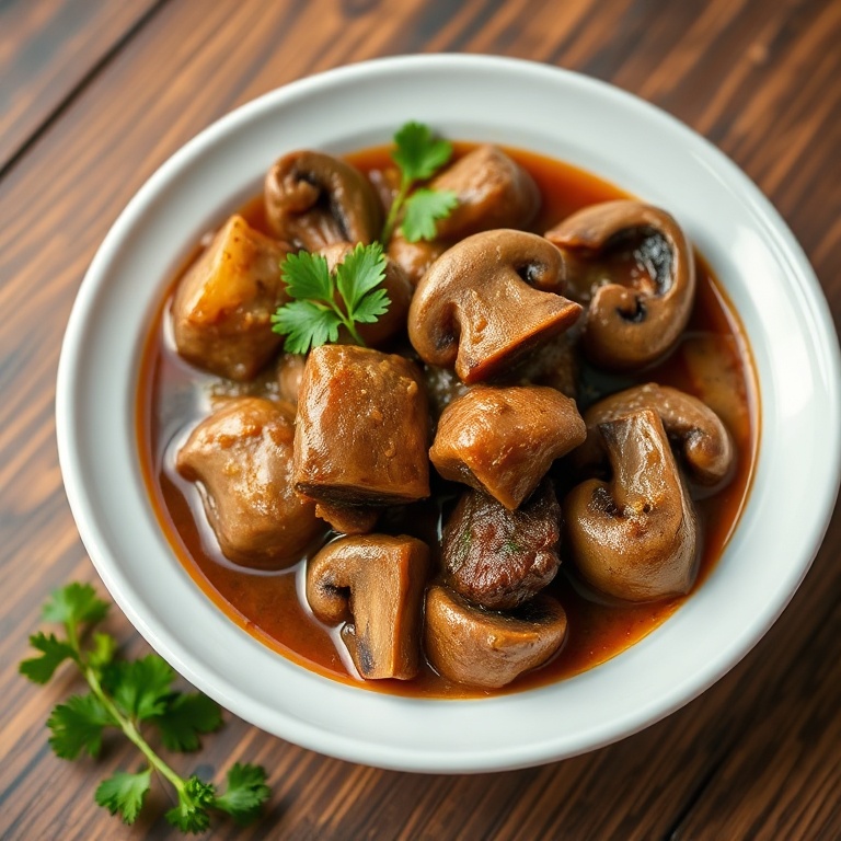 A perfectly plated classic French beef stew. Rich sauce with tender beef and mushrooms. Garnished with fresh parsley on a white ceramic bowl.