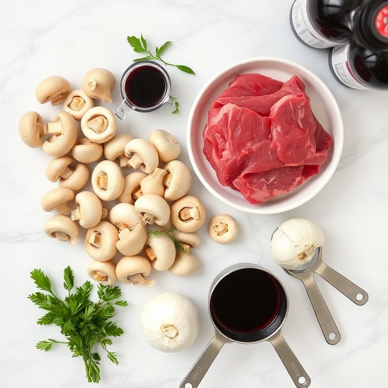 Raw ingredients for classic French beef stew. Beef chunks, mushrooms, onions, garlic, and red wine. Measuring cups and spoons nearby on a white marble surface.