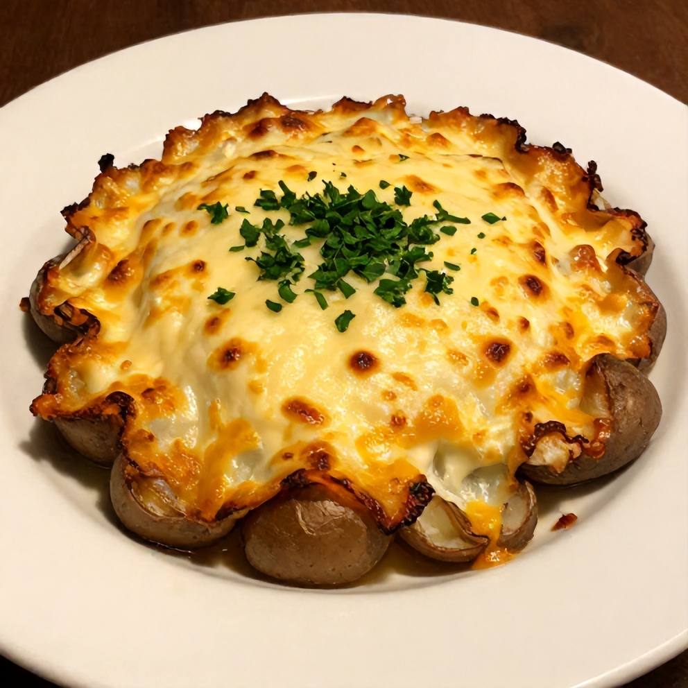 Plated serving of classic scalloped potatoes with crispy edges and melted cheese