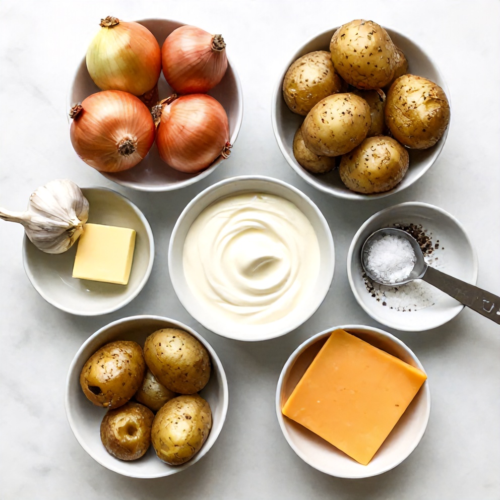 Raw ingredients for classic scalloped potatoes: potatoes, onion, garlic, butter, heavy cream, cheddar cheese, salt, and pepper