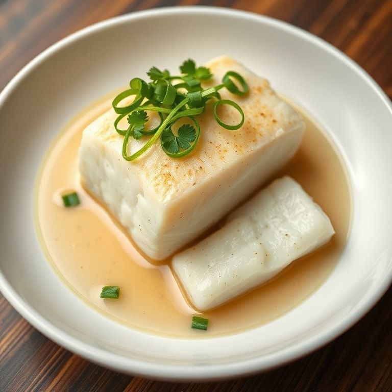 Plated coconut poached cod garnished with sliced green onions on white dish
