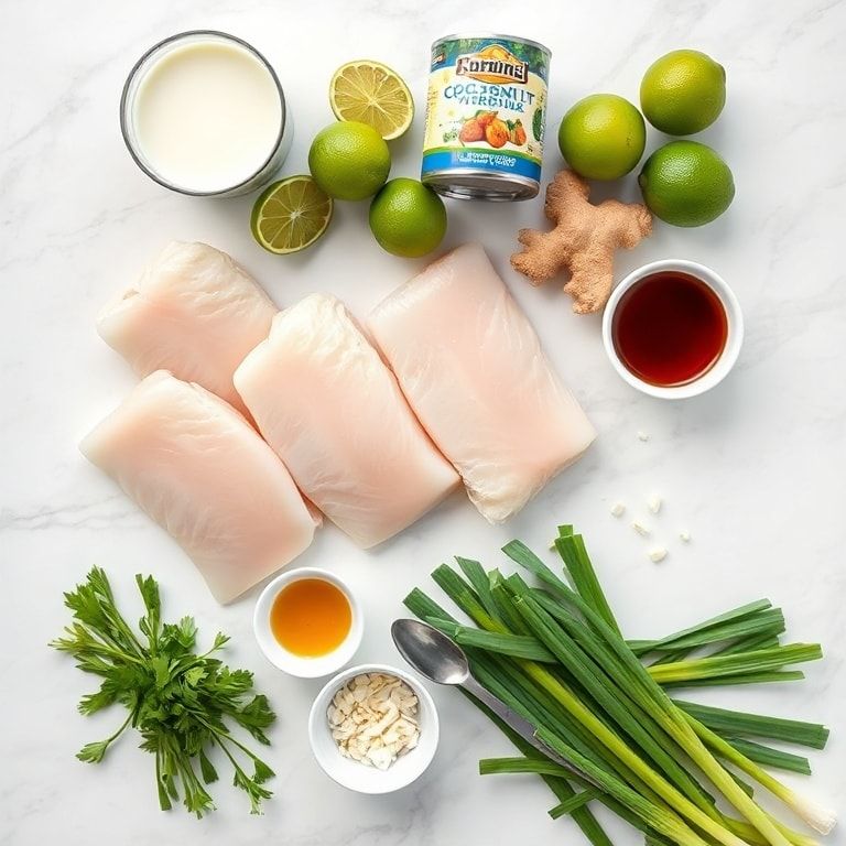 Raw cod fillets coconut milk fresh ginger lime and green onions arranged overhead