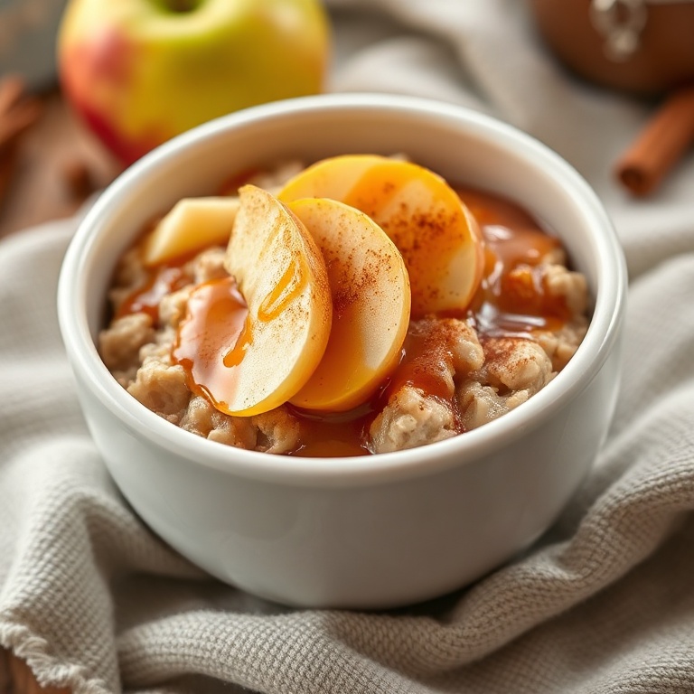 Cozy Caramel Apple Oatmeal in a white ceramic bowl. Topped with caramel sauce, apple slices, and cinnamon. Warm light highlights the texture.