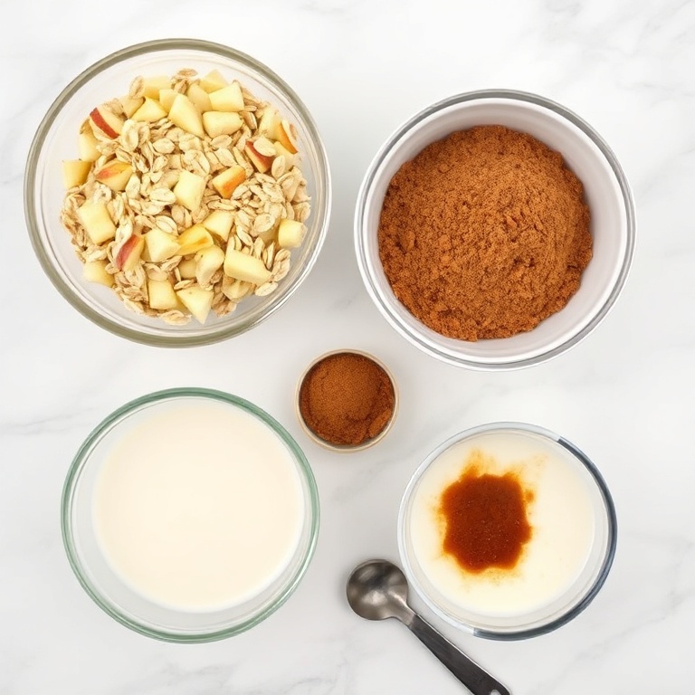 Raw ingredients for Cozy Caramel Apple Oatmeal. Rolled oats, apples, brown sugar, cinnamon, and milk in bowls. Measuring spoons and cups nearby.